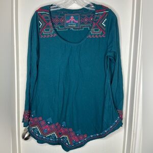 Johnny Was LA Teal Embroidered Long Sleeve Top Southwestern Boho Size Large
